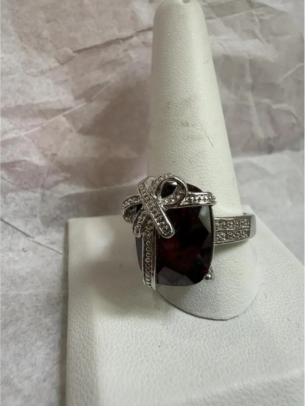 Vintage Style Silver Ring with Large Red Gemstone and Bow Accent 11.5